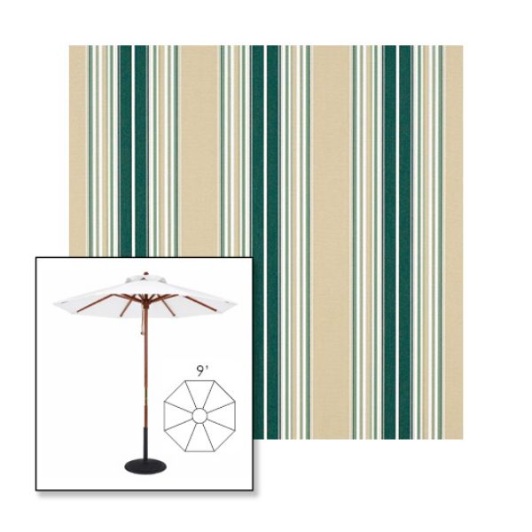 Picture of Forest Green Beige Natural Fancy | 9' Wood Frame Market Umbrella Sunbrella® Awning Fabric