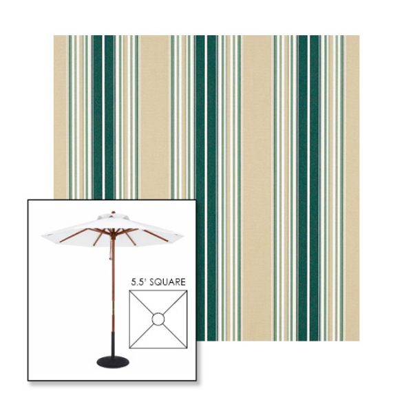 Picture of Forest Green Beige Natural Fancy | 5.5' Wood Square Frame Market Umbrella Sunbrella® Awning Fabric